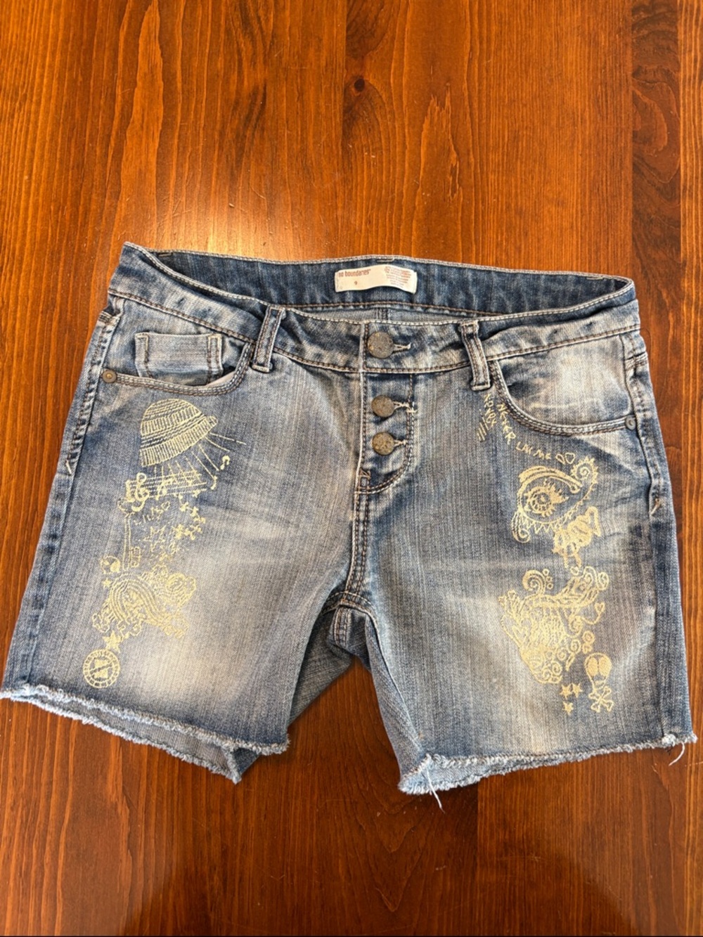 No Boundaries Light Blue Washed Denim Shorts with Yellow Stitching Detail